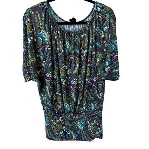 Renee C Paisley Boho Hippie Retro 70s Style‎ Peasant Dolman Sleeve Blouson Top S